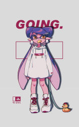 Rule 34 | + +, 1girl, alternate skin color, bird, blue hair, callie (splatoon), candy, chromatic aberration, colored skin, commentary, cross-laced footwear, drawstring, duck, earrings, english commentary, english text, food, grey background, high tops, highres, holding, holding leash, hood, hoodie, inkling, jewelry, leash, lollipop, long hair, long sleeves, looking to the side, mouth hold, nintendo, orange eyes, pink skin, pointy ears, print shirt, seto (asils), shadow, shirt, shoes, sleeves past wrists, sneakers, solo, splatoon (series), splatoon 1, standing, tentacle hair, very long hair, white footwear, white shirt