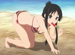 Rule 34 | 1girl, akiyama mio, all fours, artist request, barefoot, beach, bikini, black hair, breasts, cleavage, feet, food, grey eyes, highres, k-on!, long hair, looking at viewer, non-web source, ocean, official style, open mouth, popsicle, round teeth, sand, sexually suggestive, side-tie bikini bottom, sideboob, solo, striped bikini, striped clothes, summer, swimsuit, teeth, watermelon bar