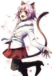 Rule 34 | 1girl, ahoge, animal ears, bad id, bad pixiv id, black pantyhose, boots, cat ears, cat tail, coat, flat chest, fur trim, hoshino kaoru, knee boots, open mouth, original, pantyhose, pink hair, red eyes, short hair, skirt, slit pupils, smile, solo, tail, turtleneck, winter clothes, winter coat