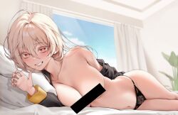 1girl bar_censor bare_shoulders black_jacket black_panties blonde_hair blue_sky blurry blurry_background blush breasts censored chano39 cleavage cloud collarbone curtains day grin groin hair_between_eyes indoors jacket lace lace-trimmed_panties lace_trim large_breasts long_hair long_sleeves looking_at_viewer lying navel no_bra off_shoulder on_bed on_side open_clothes open_jacket original panties pillow plant potted_plant red_eyes sidelocks skindentation sky smile solo stomach sweatdrop teeth thighs underwear window