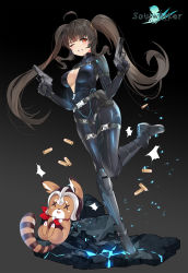 Rule 34 | 1girl, absurdres, ahoge, animal, artist request, belt, belt pouch, black hair, bodysuit, breasts, bullet, catsuit, cleavage, clenched teeth, dual wielding, floating hair, full body, gun, handgun, highres, holding, holding gun, holding weapon, leg up, lily bloomerchen, long hair, looking at viewer, medium breasts, multiple straps, no bra, official art, one eye closed, open clothes, partially unzipped, pistol, pouch, raccoon, red eyes, shoes, solo, soulworker, teeth, twintails, very long hair, wavy hair, weapon