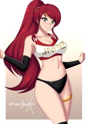 1girl @_(symbol) absurdres artist_name breasts collarbone elbow_gloves eyebrows_hidden_by_hair eyes_visible_through_hair gloves green_eyes headband highres large_breasts long_hair navel ponytail pyrrha_nikos red_eyes rwby signature smile solo sonicheroxd sports_bra standing thigh_strap thighhighs very_long_hair