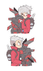 Rule 34 | 1boy, 1girl, animification, apex legends, black gloves, blush, brown eyes, crypto (apex legends), devil&#039;s advocate crypto, embarrassed, from side, gloves, grey hair, headset, highres, hug, jacket, nojima minami, official alternate costume, red jacket, short hair, surprised, undercut, valkyrie (apex legends), white background