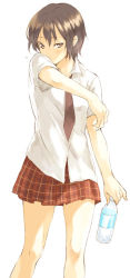 Rule 34 | bottle, brown eyes, brown hair, necktie, sakamoto atsumu, school uniform, short hair, simple background, skirt, solo
