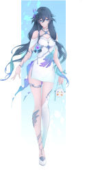 Rule 34 | 1girl, absurdres, bag, bare shoulders, black hair, blue eyes, border, closed mouth, dress, eun (eunice), fu hua, full body, hair between eyes, hair ornament, highres, holding, holding bag, honkai (series), honkai impact 3rd, looking at viewer, single thighhigh, smile, solo, thighhighs, twintails, white background, white dress, white footwear, white thighhighs