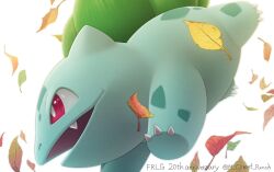 Rule 34 | anniversary, bright pupils, bulbasaur, claws, commentary request, creatures (company), falling leaves, fang, from side, game freak, gen 1 pokemon, komepan, leaf, nintendo, no humans, open mouth, pokemon, pokemon (creature), red eyes, simple background, solo, twitter username, white background, white pupils