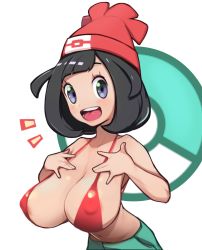 Rule 34 | 1girl, bare arms, bare shoulders, bikini, bikini top only, black eyes, black hair, breasts, collarbone, creatures (company), game freak, genvoke, hat, highres, large breasts, looking at viewer, nintendo, open mouth, oppai loli, pokemon, pokemon sm, red bikini, red hat, selene (pokemon), short hair, shorts, smile, solo, swimsuit, teeth, tongue, upper body, upper teeth only, white background
