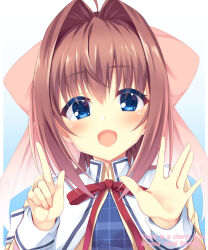 Rule 34 | 1girl, :d, ahoge, aria (koiiroharemoyou), asakura otome, blue background, blue eyes, bow, brown hair, close-up, colored eyelashes, commentary, da capo, da capo ii, english text, eyes visible through hair, fingernails, gradient background, hair between eyes, hair bow, hair intakes, hands up, highres, index finger raised, lips, long hair, long sleeves, looking at viewer, open hand, open mouth, pink bow, red ribbon, ribbon, school uniform, simple background, smile, solo, straight-on, white background, ||/