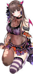 Rule 34 | 1girl, asymmetrical legwear, black skirt, blush, bodystocking, breasts, brown hair, cleavage, closed mouth, covered navel, demon horns, demon wings, halloween costume, highres, horns, idolmaster, idolmaster shiny colors, large breasts, long hair, looking at viewer, marushin (denwa0214), mismatched legwear, red eyes, simple background, skirt, smile, sonoda chiyoko, thighhighs, thighs, torn bodystocking, torn clothes, white background, wings