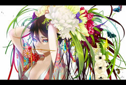 Rule 34 | 1girl, black hair, blue eyes, breasts, brown hair, cleavage, flower, hair ornament, hairpin, letterboxed, long hair, md5 mismatch, nanahara shie, original, petals, resolution mismatch, small breasts, solo, source larger