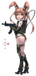 Rule 34 | 1girl, animal ears, arm tattoo, ass, bare shoulders, boots, breasts, brown hair, camouflage footwear, camouflage gloves, camouflage leotard, chinese commentary, chinese text, commentary request, elbow gloves, fang zhenjun, fantasy, from side, full body, gloves, gun, high heel boots, high heels, holding, holding gun, holding weapon, knee pads, leotard, long hair, looking at viewer, looking to the side, military, orange eyes, original, parted lips, rabbit ears, republic of china flag, sidelocks, simple background, small breasts, soldier, submachine gun, tactical clothes, tattoo, thigh boots, thighs, thong leotard, translation request, two side up, weapon
