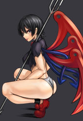 Rule 34 | 1girl, ass, asymmetrical wings, ayakumo, black dress, black hair, dress, highres, houjuu nue, looking at viewer, panties, polearm, shoes, short sleeves, smile, solo, squatting, tongue, tongue out, torn clothes, torn dress, touhou, trident, underwear, weapon, white panties, wings, yellow eyes