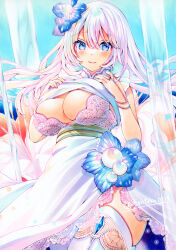 Rule 34 | 1girl, absurdres, blue background, blue eyes, blue flower, blush, bra, breasts, cleavage, closed mouth, commentary request, cowboy shot, dot nose, dress flower, fantasy, flower, gem, hair flower, hair ornament, highres, jewelry, large breasts, lily (flower), long hair, looking at viewer, marker (medium), original, ring, shiny skin, signature, skirt, smile, solo, standing, tentekomai, thighhighs, traditional media, underwear, water, white hair, white skirt, white thighhighs