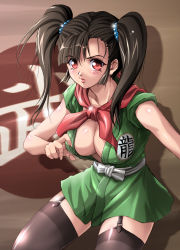 Rule 34 | 1girl, bare arms, black hair, blush, breasts, brown thighhighs, chunsoft, cleavage, collarbone, covered erect nipples, cowboy shot, dragon quest, dragon quest iii, enix, fighter (dq3), forehead, garter straps, hair bobbles, hair ornament, highres, large breasts, lips, looking at viewer, no bra, red eyes, sash, shinozuka jouji, shiny clothes, shiny legwear, shiny skin, solo, square enix, thighhighs, twintails