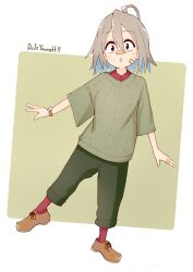 Rule 34 | 1girl, :o, ahoge, bandaid, bandaid on face, bandaid on hand, bandaid on nose, black pants, blue hair, bluearcadegames, brown footwear, brown sweater, capri pants, casual, collared shirt, colored inner hair, commentary, copyright name, do it yourself!!, fang, full body, grey hair, hair between eyes, highres, looking at viewer, multicolored hair, open mouth, pants, red eyes, red shirt, red socks, shirt, shoes, short hair, short sleeves, skin fang, smile, socks, solo, standing, standing on one leg, sweater, watch, wide sleeves, wristwatch, yua serufu