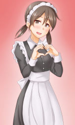 Rule 34 | 1girl, alternate costume, anti (untea9), apron, black dress, brown eyes, brown hair, dress, enmaided, gradient background, heart, heart hands, highres, kantai collection, long sleeves, looking at viewer, low twintails, maid, maid apron, maid headdress, open mouth, parted bangs, red background, shirayuki (kancolle), short twintails, smile, solo, standing, twintails, waist apron, white apron