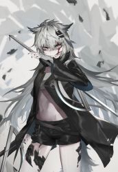 Rule 34 | 1girl, absurdres, animal ears, arknights, bandeau, black coat, black nails, black shorts, blood, blood on face, breasts, coat, cowboy shot, debris, dual wielding, grey eyes, hair between eyes, hair ornament, hairclip, highres, holding, icy02, katana, lappland (arknights), licking blood, licking lips, long hair, long sleeves, looking to the side, material growth, midriff, nail polish, navel, open clothes, open coat, oripathy lesion (arknights), short shorts, shorts, silver hair, slit pupils, small breasts, smile, solo, standing, strapless, sword, tail, thighs, tongue, tongue out, tube top, weapon, wolf ears, wolf tail