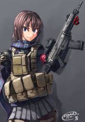 Rule 34 | 1girl, ammunition pouch, angled forward grip, bad id, bad pixiv id, black pantyhose, blue eyes, brown hair, buckle, cz 805 bren, dreadtie, gloves, gun, highres, original, pantyhose, pouch, scarf, short hair, signature, simple background, smile, snap-fit buckle, solo, standing, thigh pouch, weapon