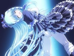 Rule 34 | 1girl, blue hair, breasts, breasts out, character request, female masturbation, frills, fujii kazuha, gothic lolita, hat, jpeg artifacts, large breasts, lolita fashion, long hair, masturbation, no panties, non-web source, pussy juice, reijou gakuen 2, see-through, solo, source request