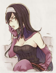 Rule 34 | 1girl, belt, black hair, breasts, cape, cleavage, dragon quest, dragon quest x, elbow gloves, glasses, gloves, grey eyes, hairband, long hair, open mouth, purple gloves, runana (dq10), sketch, solo, sovacha, thighhighs