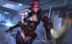 Rule 34 | 1girl, aiming, aiming at viewer, arm at side, arm up, belt, black bra, black gloves, bra, breasts, brown belt, buckle, building, car, cleavage, closed mouth, commentary, elbow gloves, eyelashes, gloves, highres, large belt, light, looking at viewer, medium breasts, motor vehicle, outdoors, perspective, pink hair, pink lips, road, short hair, solo, standing, sword, underwear, weapon, z boo