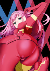 Rule 34 | 10s, 1girl, ass, bodysuit, breasts, darling in the franxx, from behind, from below, green eyes, highres, horns, long hair, looking at viewer, looking down, medium breasts, pink hair, red bodysuit, shiny clothes, skin tight, solo, suika bar-chan, zero two (darling in the franxx)