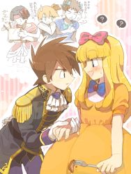 Rule 34 | 1girl, 4boys, ?, afterimage, alternate costume, ash ketchum, ashley (pokemon), black hair, blonde hair, blush, bow, bowing, brock (pokemon), brown hair, child, creatures (company), crossdressing, drawing, dress, epaulettes, eye contact, food, fork, fur, game freak, gary oak, gloves, hair bow, hair ornament, hairband, holding hands, headband, holding, looking at another, looking back, misty (pokemon), multiple boys, nintendo, orange dress, orange hair, outstretched arms, pink background, pokemon, pokemon (anime), pokemon (classic anime), smile, sparkle, speech bubble, spread arms, striped, striped background, sweatdrop, tegaki, tracey sketchit, translation request, trap, victorian, wig, yaoi
