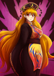 Rule 34 | 1girl, black dress, blush, chinese clothes, closed mouth, cowboy shot, crescent, dress, energy, from side, hat, junko (touhou), long hair, long sleeves, looking at viewer, looking to the side, mazume, multiple tails, orange hair, red eyes, sash, solo, tabard, tail, touhou, very long hair, wide sleeves