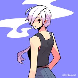 Rule 34 | 1girl, absurdres, black tank top, blue background, chainsaw man, cigarette, eyepatch, highres, long hair, looking at viewer, looking back, ponytail, quanxi (chainsaw man), shirt tucked in, simple background, smoke, smoking, solo, tank top, timtam, twitter username, white hair