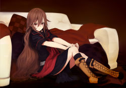 Rule 34 | 10s, 1girl, black socks, boots, brown background, brown eyes, brown hair, couch, cross-laced footwear, face, frown, hair between eyes, hair flaps, kneehighs, lace-up boots, long hair, neckerchief, ookami-san, ookami ryouko, own hands together, pillow, red neckerchief, shirabi, sitting, socks, solo, very long hair