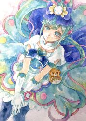 Rule 34 | 1girl, absurdres, amulet, blue eyes, blue hair, copyright request, detached collar, dress, frilled dress, frills, gloves, hair ornament, hat, highres, long hair, ponytail, precure, shiroma (mamiko), sleeveless, white gloves