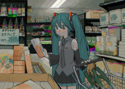 Rule 34 | 1girl, absurdres, black skirt, black sleeves, blue eyes, blue hair, blue nails, bottle, box, ceiling fan, cereal box, closed mouth, detached sleeves, fluorescent lamp, glitch, grey necktie, grey shirt, groceries, hatsune miku, headphones, headset, highres, holding, holding box, indoors, long hair, long sleeves, microphone, muted color, nail polish, necktie, onobane (mogyugyu88), pleated skirt, shirt, shopping, skirt, solo, spring onion, supermarket, twintails, vocaloid