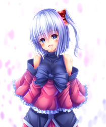 Rule 34 | 1girl, :d, alternate costume, alternate hair length, alternate hairstyle, blue eyes, blush, bow, breasts, commentary request, head tilt, large breasts, looking at viewer, open mouth, shinki (touhou), short hair, side ponytail, silver hair, smile, solo, touhou, touhou (pc-98), yanagi no ki