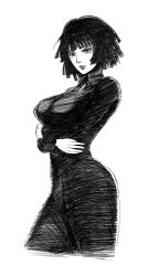 Rule 34 | 1girl, bad id, bad pixiv id, breasts, cowboy shot, cropped legs, crossed arms, dress, female focus, fubuki (one-punch man), greyscale, jewelry, large breasts, lips, long sleeves, monochrome, necklace, one-punch man, short hair, solo, standing, the golden smurf