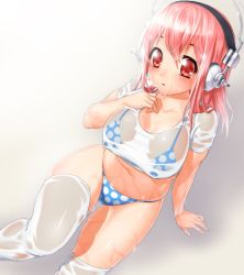 Rule 34 | 1girl, :o, arm support, bikini, breasts, headphones, large breasts, long hair, looking at viewer, navel, nitroplus, onsoku inu, pink eyes, pink hair, polka dot, polka dot bikini, polka dot swimsuit, see-through, shirt, solo, super sonico, swimsuit, taut clothes, taut shirt, thighhighs, wet, wet clothes, white thighhighs