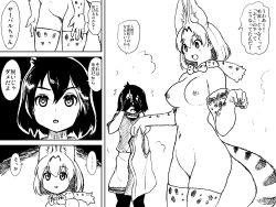 Rule 34 | 2girls, 4koma, animal ears, bad proportions, black gloves, bow, bowtie, breasts, comic, covering face, elbow gloves, extra ears, flying sweatdrops, gloves, greyscale, hair between eyes, isna (footprintsofisna), kaban (kemono friends), kemono friends, medium breasts, monochrome, multiple girls, navel, nipples, open mouth, print gloves, print neckwear, serval (kemono friends), serval print, serval tail, shirt, short hair, shorts, smile, t-shirt, tail, thighhighs, translated, undressing