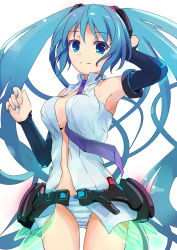 Rule 34 | 1girl, absurdres, aqua eyes, aqua hair, armpits, belt, bridal gauntlets, elbow gloves, fingerless gloves, gloves, hatsune miku, hatsune miku (append), highres, hoippu, long hair, navel, necktie, panties, simple background, smile, solo, striped clothes, striped panties, twintails, underwear, very long hair, vocaloid, vocaloid append