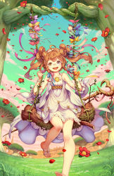 Rule 34 | 10s, 1girl, :d, absurdres, ahoge, bare legs, barefoot, barefoot sandals (jewelry), belt, blue eyes, bow, braid, brown hair, camellia, chain chronicle, colorful, copyright request, day, detached sleeves, double bun, dress, feet, field, floating hair, flower, glasses, grass, grey eyes, haccan, hair bun, hair ribbon, hairband, happy, heterochromia, highres, log, long hair, looking at viewer, moss, official art, open mouth, outdoors, petals, pino, plant, ribbon, sidelocks, sitting, sky, sleeveless, sleeveless dress, smile, solo, staff, swing, toenails, toes, tree, twin braids, vines, white dress, wrist ribbon, yellow eyes