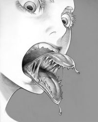 Rule 34 | 1girl, alien, close-up, creepy, extra mouth, eyelashes, graphite (medium), greyscale, hanji (hansi), monochrome, monster, original, saliva, sharp teeth, solo, surreal, teeth, the thing, the thing (creature), tongue, traditional media, what
