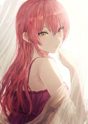 Rule 34 | 1girl, :o, camisole, highres, idolmaster, idolmaster cinderella girls, jougasaki mika, long hair, looking at viewer, looking back, misaki nonaka, pink hair, red camisole, solo, straight hair, upper body, white curtains, yellow eyes