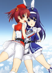 Rule 34 | 2girls, ass, bike shorts, blue eyes, blue hair, blush, boots, brown eyes, cameltoe, futaba aoi (vividred operation), gloves, holding hands, hat, highres, interlocked fingers, isshiki akane, koyomisa, long hair, looking at viewer, looking back, multiple girls, open mouth, palette suit, red hair, short hair, smile, twintails, vividred operation