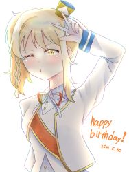 Rule 34 | 1girl, ;), absurdres, artist name, artist request, blonde hair, blush, braid, breasts, brown eyes, collared shirt, cropped jacket, female focus, gloves, hair between eyes, hat, high ponytail, highres, jacket, long hair, long sleeves, looking at viewer, love live!, love live! nijigasaki high school idol club, love live! school idol festival, medium breasts, mini hat, miyashita ai, nijiiro passion!, nijiiro passions! (love live!), one eye closed, orange eyes, parted lips, ponytail, rainbow-colored passions!, ribbon, salute, sash, shirt, short ponytail, side ponytail, single braid, smile, solo, upper body, white background, white gloves, white jacket, white ribbon, yellow eyes