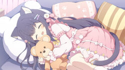 Rule 34 | 1girl, :d, animal ear fluff, animal ears, black hair, blush, bow, cat ears, cat girl, cat tail, closed eyes, commentary, commission, couch, crescent, crescent hair ornament, dress, facing viewer, feet out of frame, frilled dress, frills, hair ornament, hairclip, highres, holding, holding stuffed toy, long hair, long sleeves, lying, medium dress, on couch, on side, open mouth, original, pillow, pink bow, pink dress, puffy long sleeves, puffy sleeves, skeb commission, smile, socks, solo, star (symbol), star hair ornament, stuffed animal, stuffed toy, tail, tail bow, tail ornament, teddy bear, tyakomes, variant set, white socks