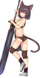 Rule 34 | 1girl, animal ears, ass, bikini, black hair, breasts, cat ears, cat tail, from behind, full body, highres, holding, holding sword, holding weapon, kida kuro mu, knee pads, looking at viewer, looking back, open mouth, original, red eyes, short hair, side-tie bikini bottom, sideboob, simple background, slit pupils, small breasts, solo, standing, swimsuit, sword, tail, weapon, white background