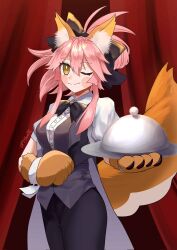 Rule 34 | 1girl, @ @, animal ear fluff, animal ears, animal hands, black ribbon, black suit, blush stickers, bow, breasts, butler, cat paws, crossdressing, fate/grand order, fate (series), female butler, formal, fox ears, fox girl, fox tail, gloves, hair bow, hair ribbon, highres, large breasts, long hair, looking at viewer, nakinishimoarazu, one eye closed, pant suit, pants, paw gloves, pink hair, ponytail, ribbon, smile, solo, suit, tail, tailcoat, tamamo (fate), tamamo cat (fate), towel on arm, tuxedo, tuxedo shirt, yellow eyes