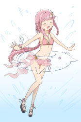 Rule 34 | 1girl, alternate costume, bare shoulders, bikini, black footwear, blunt bangs, breasts, closed eyes, full body, hair ornament, highres, kinfuji, long hair, magia record: mahou shoujo madoka magica gaiden, mahou shoujo madoka magica, midriff, navel, open mouth, outstretched arms, pink bikini, pink hair, sandals, small breasts, solo, spread arms, swimsuit, tamaki iroha, tamaki iroha (swimsuit ver.), white background