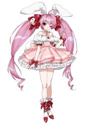 Rule 34 | 1girl, ahoge, animal ears, aranotchi, bare shoulders, blush, bow, breasts, choker, cleavage, di gi charat, dice, dice hair ornament, dress, frilled dress, frills, full body, hair bow, hair ornament, long hair, looking at viewer, medium breasts, pink hair, rabbit ears, red eyes, red footwear, ribbon, simple background, smile, socks, solo, twintails, usada hikaru, very long hair, white background, white socks