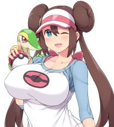 Rule 34 | 1girl, ;d, amane hasuhito, blue eyes, blue sleeves, blush, bow, breasts, brown hair, collarbone, commentary request, covered erect nipples, creatures (company), double bun, game freak, gen 5 pokemon, hair between eyes, hair bun, hat, holding, holding poke ball, large breasts, long hair, looking at viewer, nintendo, one eye closed, open mouth, pink bow, poke ball, poke ball (basic), poke ball print, pokemon, pokemon (creature), pokemon bw2, raglan sleeves, rosa (pokemon), shirt, sidelocks, simple background, smile, snivy, solo focus, standing, taut clothes, taut shirt, twintails, upper body, very long hair, visor cap, white background, white shirt