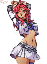 Rule 34 | 1girl, antenna hair, arms behind head, arms up, artist name, breasts, buttons, commentary, cowboy shot, cropped jacket, cropped shirt, curled fingers, dark-skinned female, dark skin, dated, female focus, fire emblem, fire emblem: three houses, groin, hair between eyes, half-closed eyes, hapi (fire emblem), heart, jacket, lips, long hair, looking at viewer, matching hair/eyes, midriff, mina cream, miniskirt, navel, nintendo, open clothes, open jacket, parted lips, purple shirt, purple thighhighs, red eyes, red hair, shirt, simple background, single thighhigh, skirt, sleeves past elbows, small breasts, solo, standing, stomach, thighhighs, white background, white jacket, white skirt, wristband