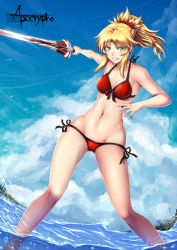 Rule 34 | 1girl, artist name, bikini, blonde hair, breasts, clarent (fate), cleavage, copyright name, fate/apocrypha, fate/grand order, fate (series), front-tie bikini top, front-tie top, green eyes, groin, highres, long hair, medium breasts, mordred (fate), mordred (fate/apocrypha), mordred (swimsuit rider) (fate), navel, ocean, ponytail, red scrunchie, scrunchie, side-tie bikini bottom, skindentation, smile, solo, swimsuit, v-shaped eyebrows, wading, water, waves, wide sleeves, wide stance